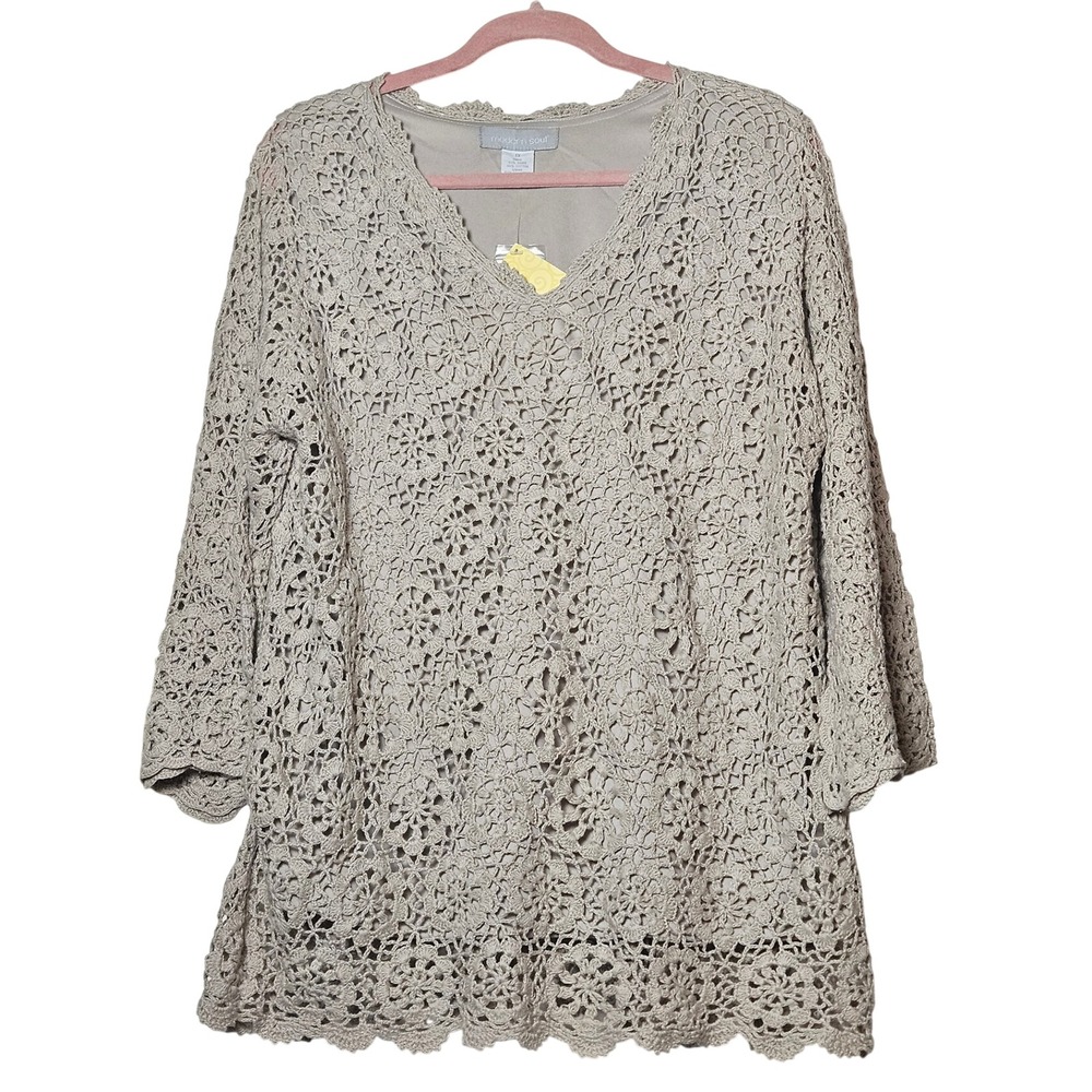 NWT Modern Soul Mushroom Floral Crochet Lace V-Neck Tunic Top 3/4 Sleeve Size 1X